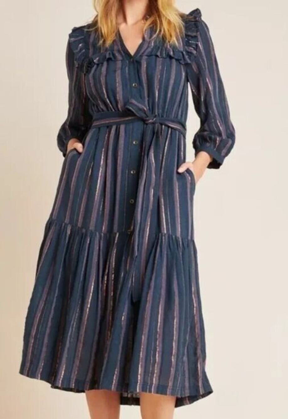 Anthropologie Sz SP Midnight Ruffled Tired Midi Dress Metallic Navy